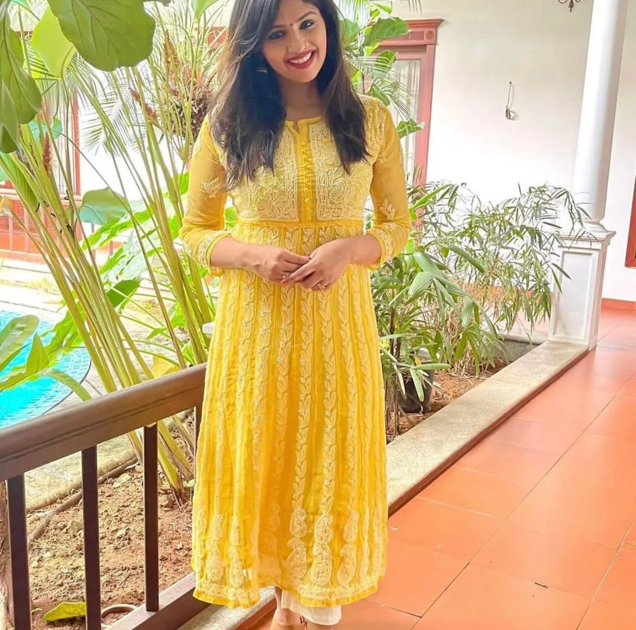 Yellow Beautiful Lucknowi Anarkali Kurta