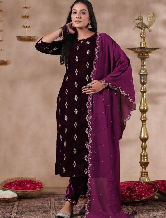 Burgundy All over embroidery and sequin work velvet kurta set