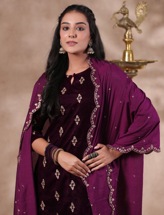 Burgundy All over embroidery and sequin work velvet kurta set