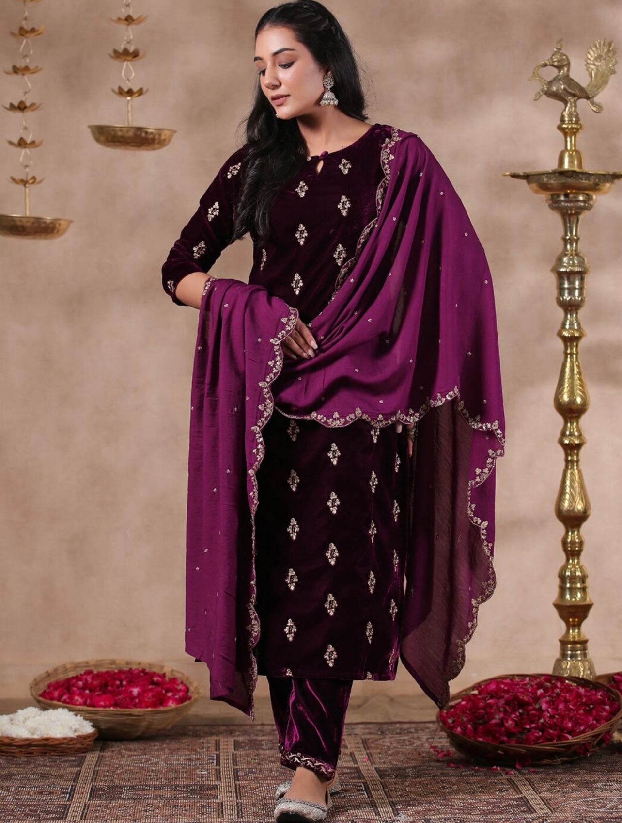 Burgundy All over embroidery and sequin work velvet kurta set