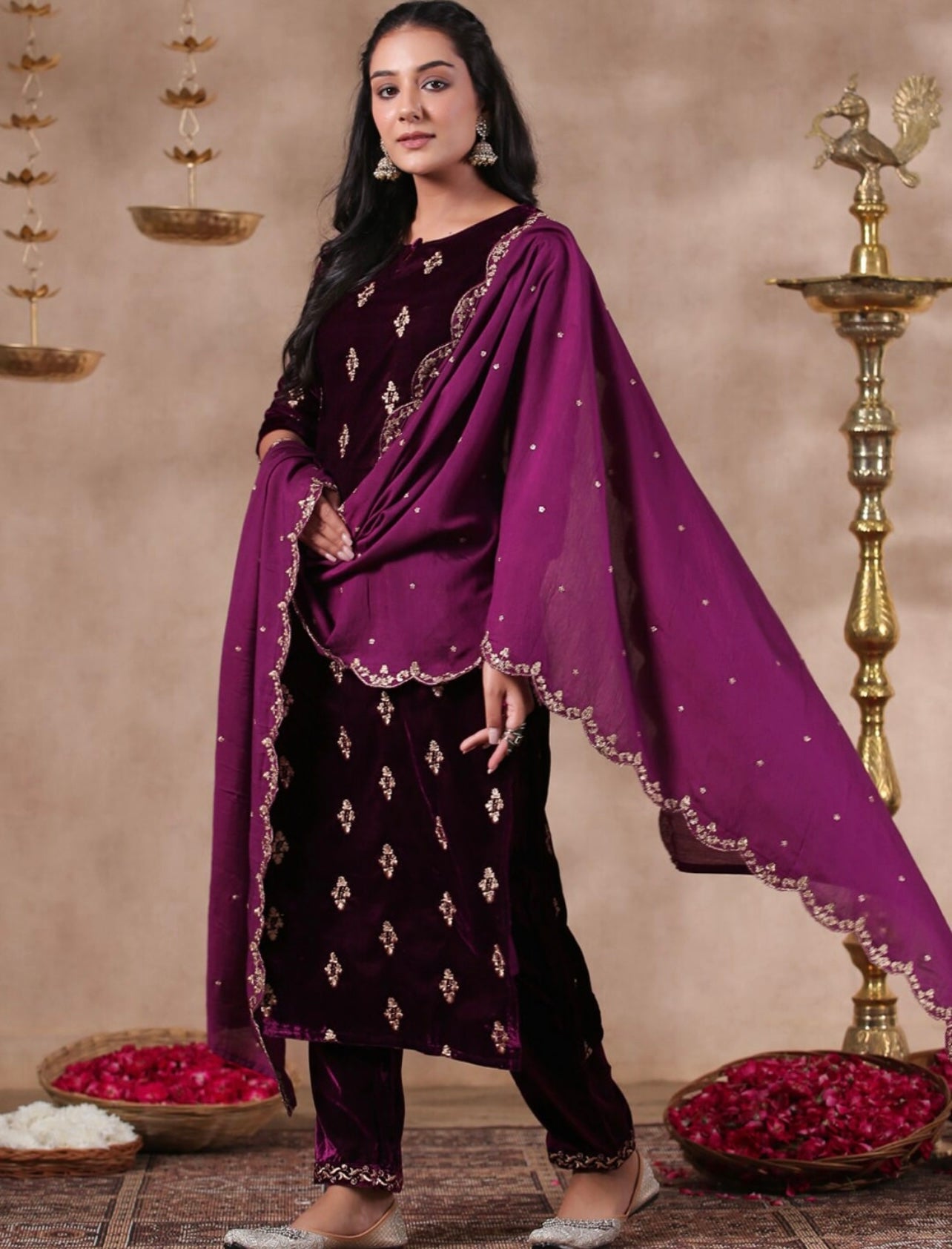 Burgundy All over embroidery and sequin work velvet kurta set