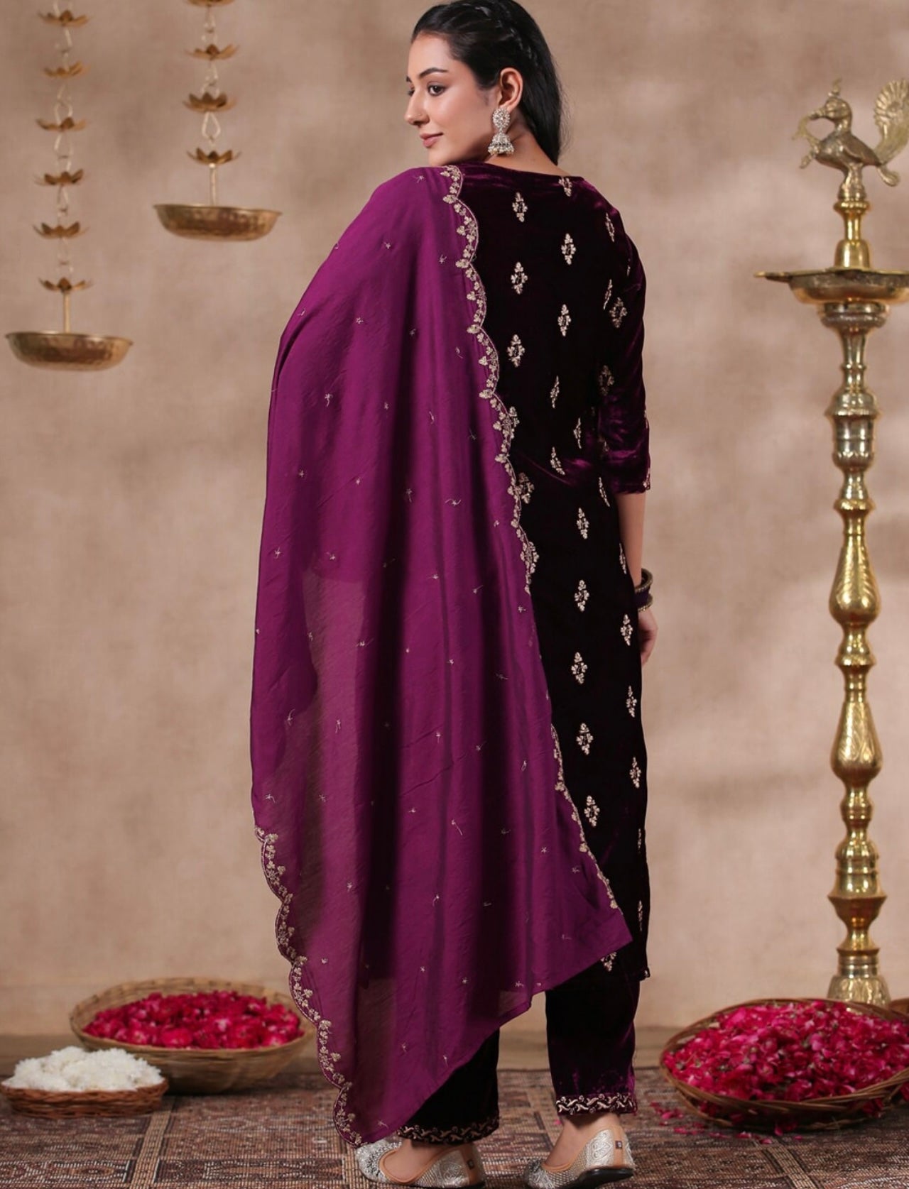 Burgundy All over embroidery and sequin work velvet kurta set