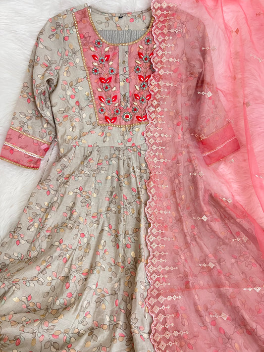 Grey and Pink Beautiful handwork Anarkali Kurta set