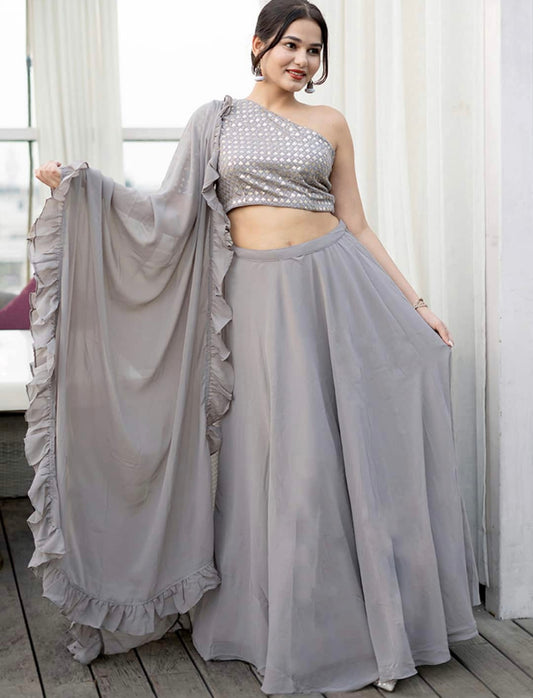 Grey Sequin one shoulder lehenga with frilled dupatta