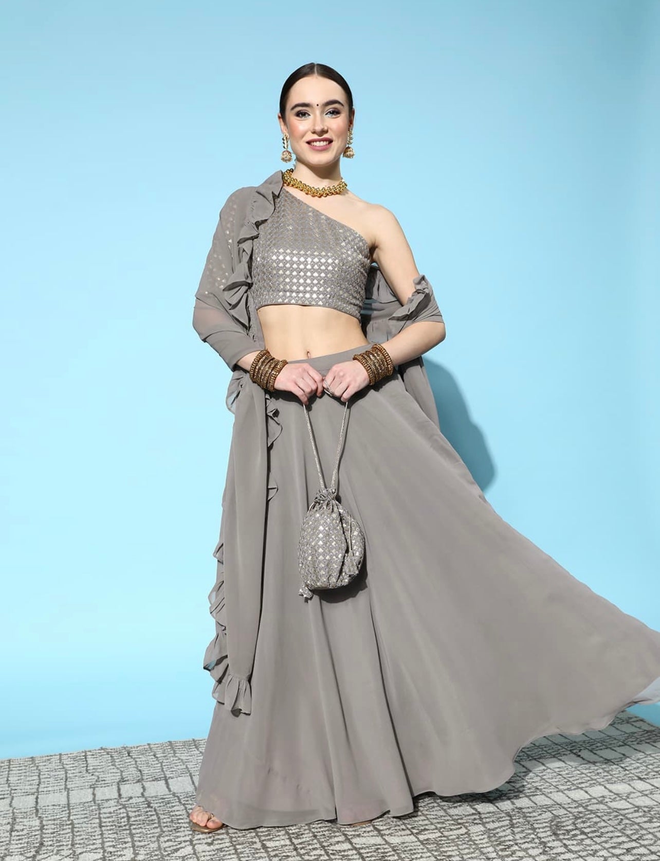 Grey Sequin one shoulder lehenga with frilled dupatta