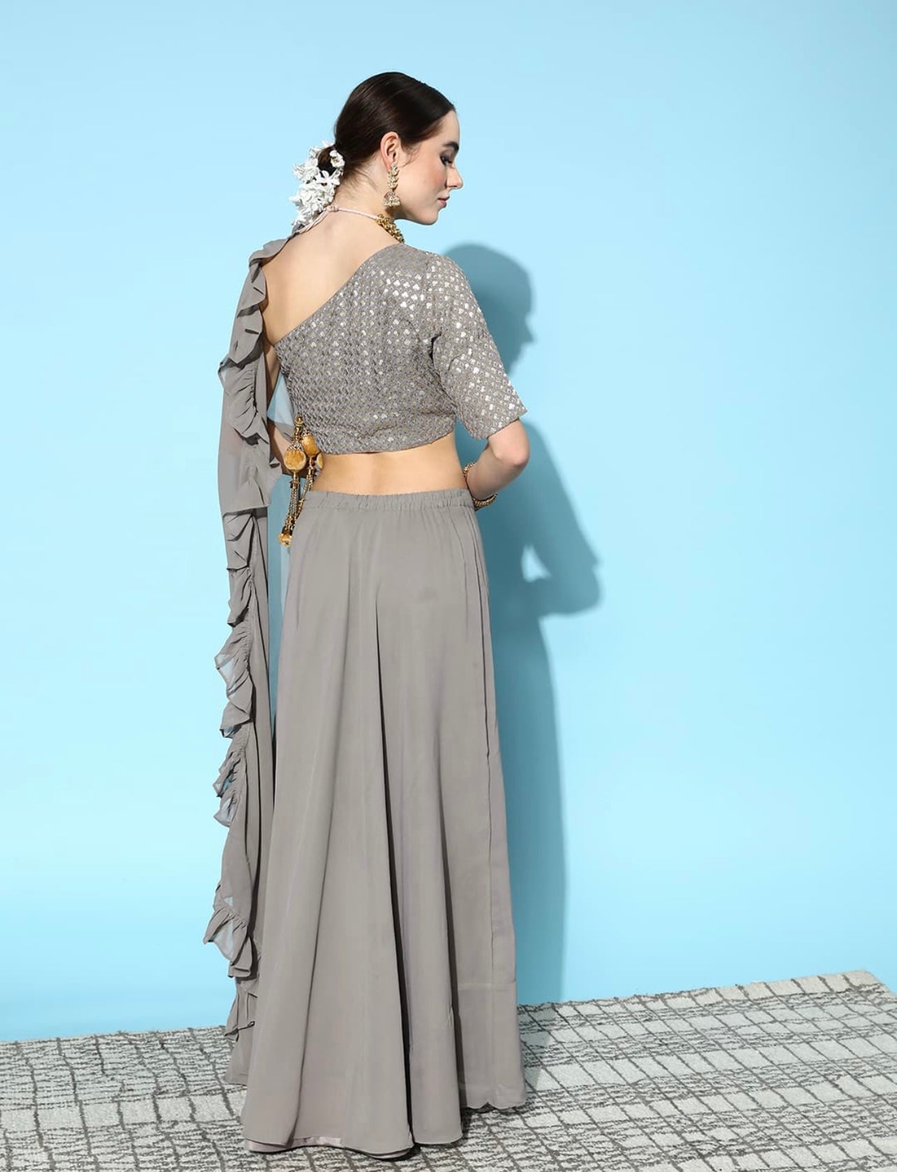 Grey Sequin one shoulder lehenga with frilled dupatta