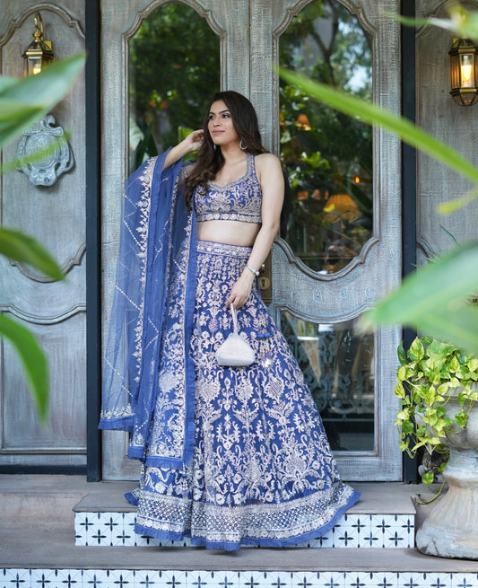 Partywear Purplish blue lehenga with handwork