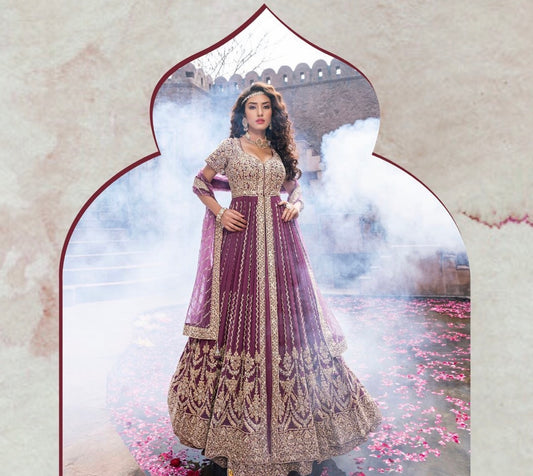 Purple Front High Slit Elegant Heavy handwork Lehenga