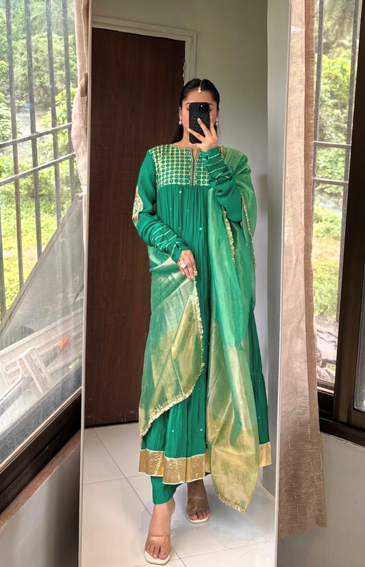 Green tiered kurta set with beautiful tissue dupatta