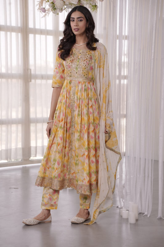 Yellow Heavy Mirror yoke Front Slit Kurta set