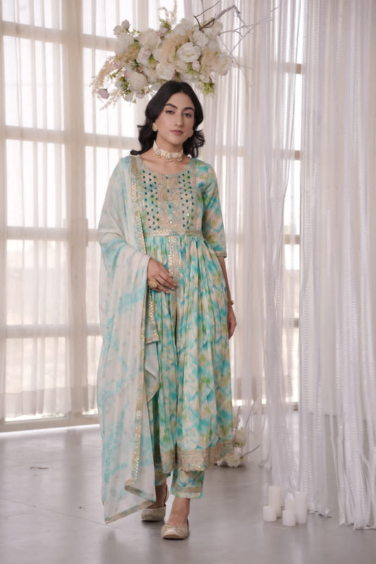 Teal Heavy Mirror yoke Front Slit Kurta set