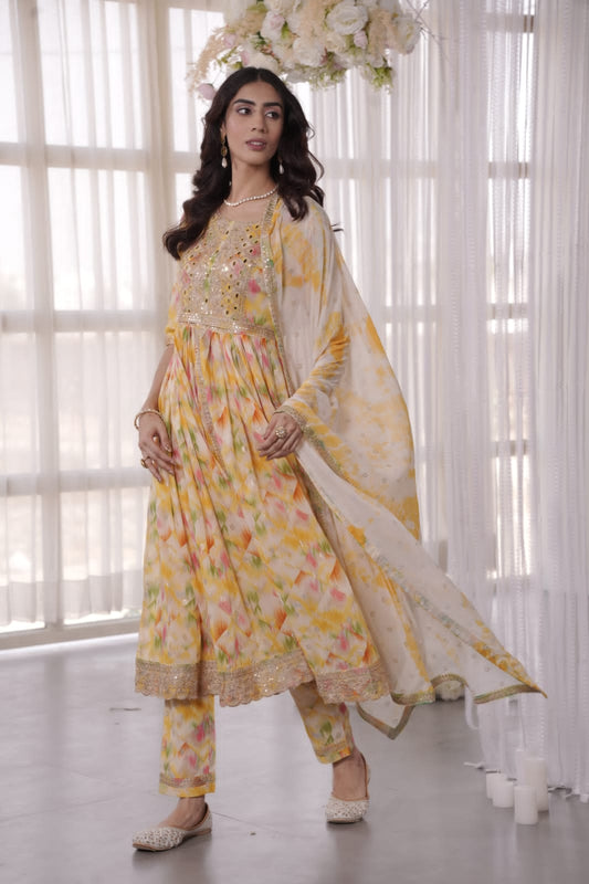 Yellow Heavy Mirror yoke Front Slit Kurta set