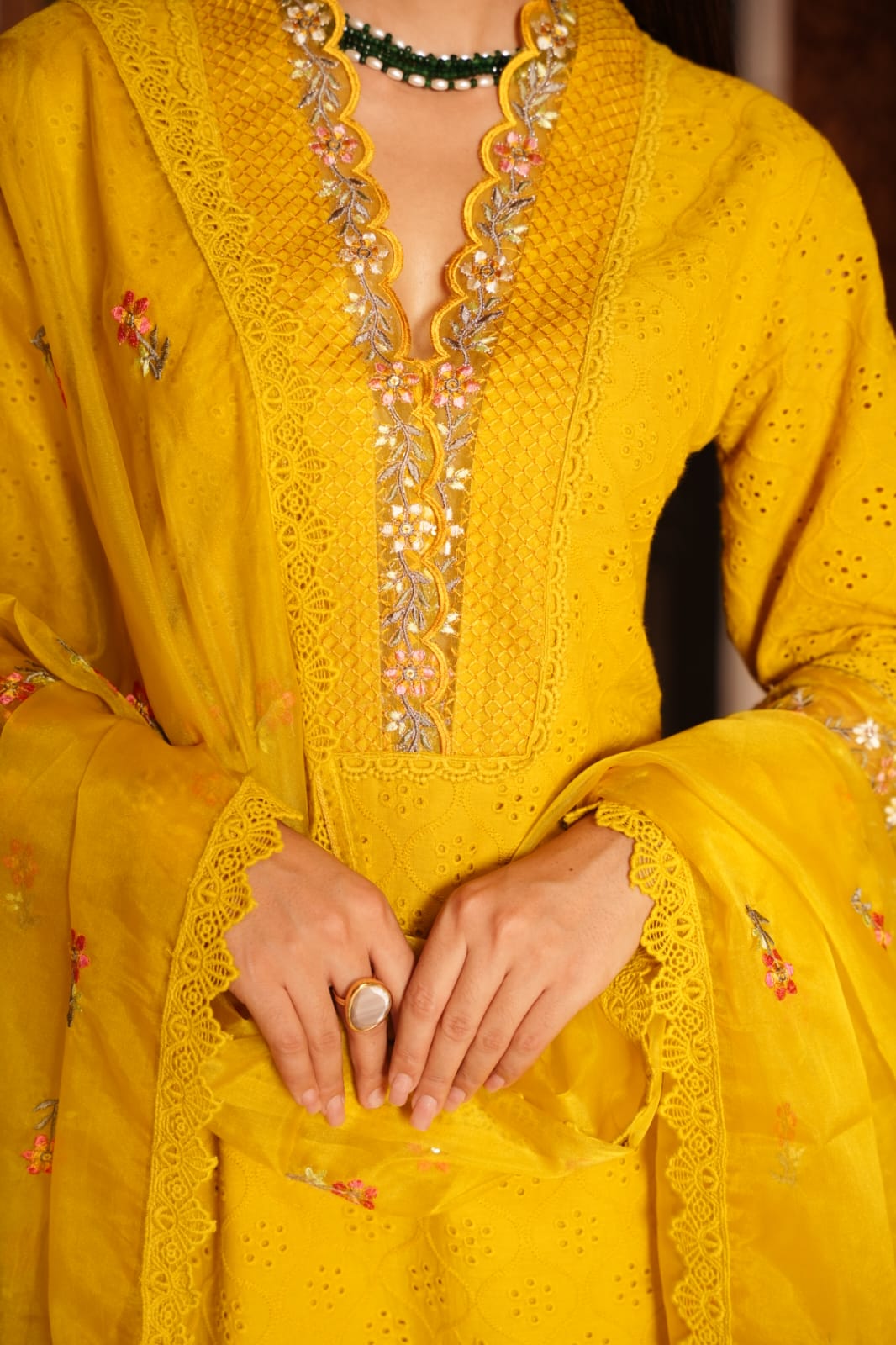 Yellow V neck elegant kurta set