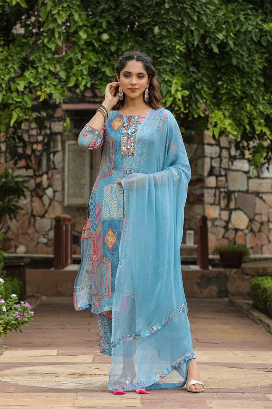 Sky Blue smart casual kurta set with neck work