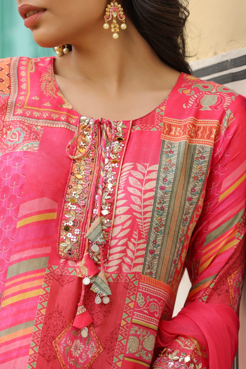 Pink smart casual kurta set with neck work