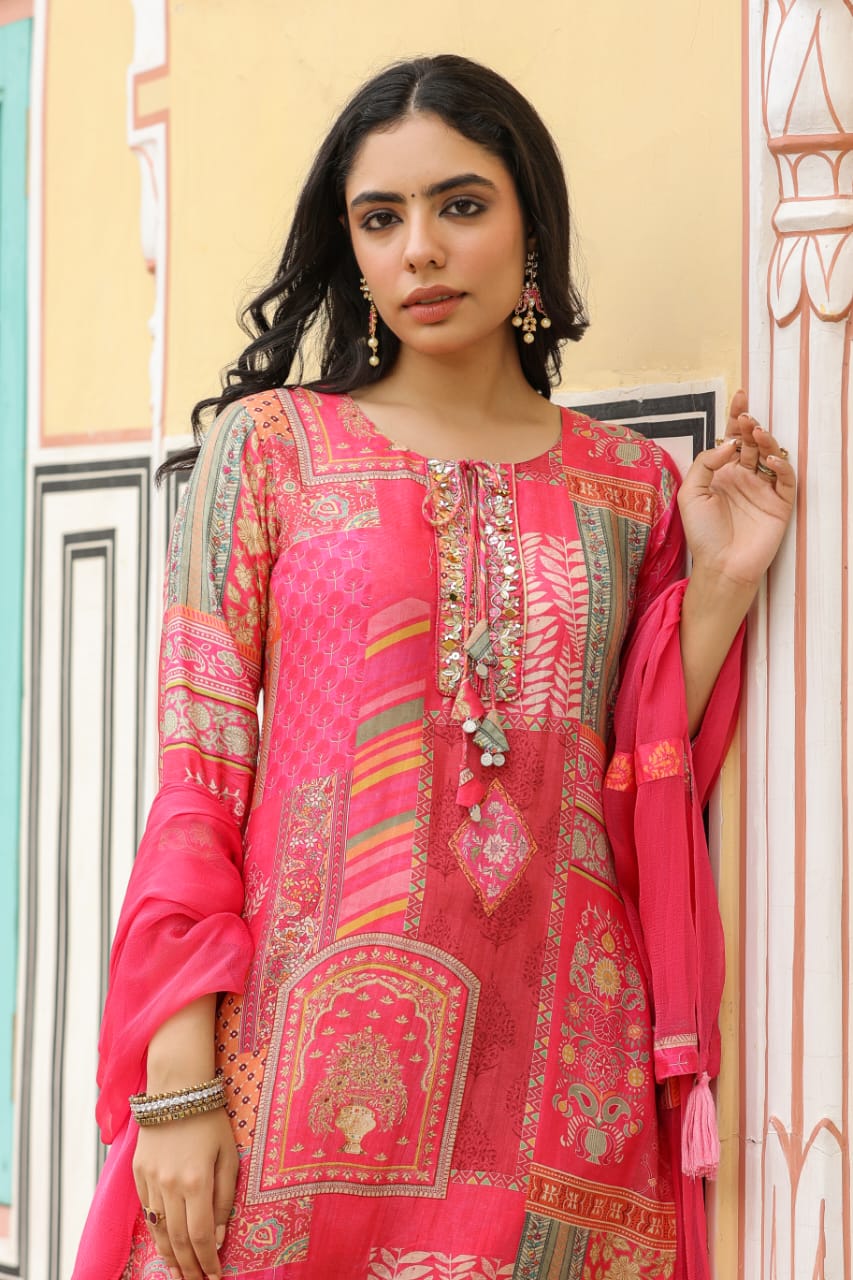 Pink smart casual kurta set with neck work