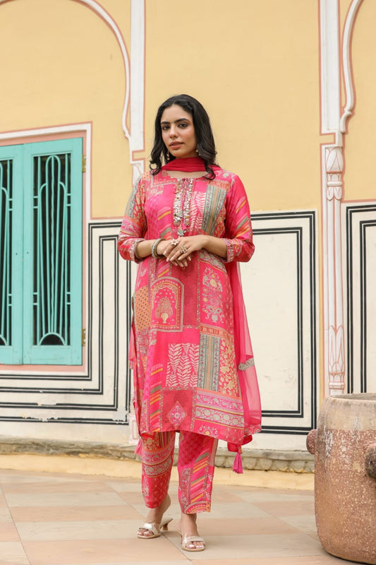 Pink smart casual kurta set with neck work