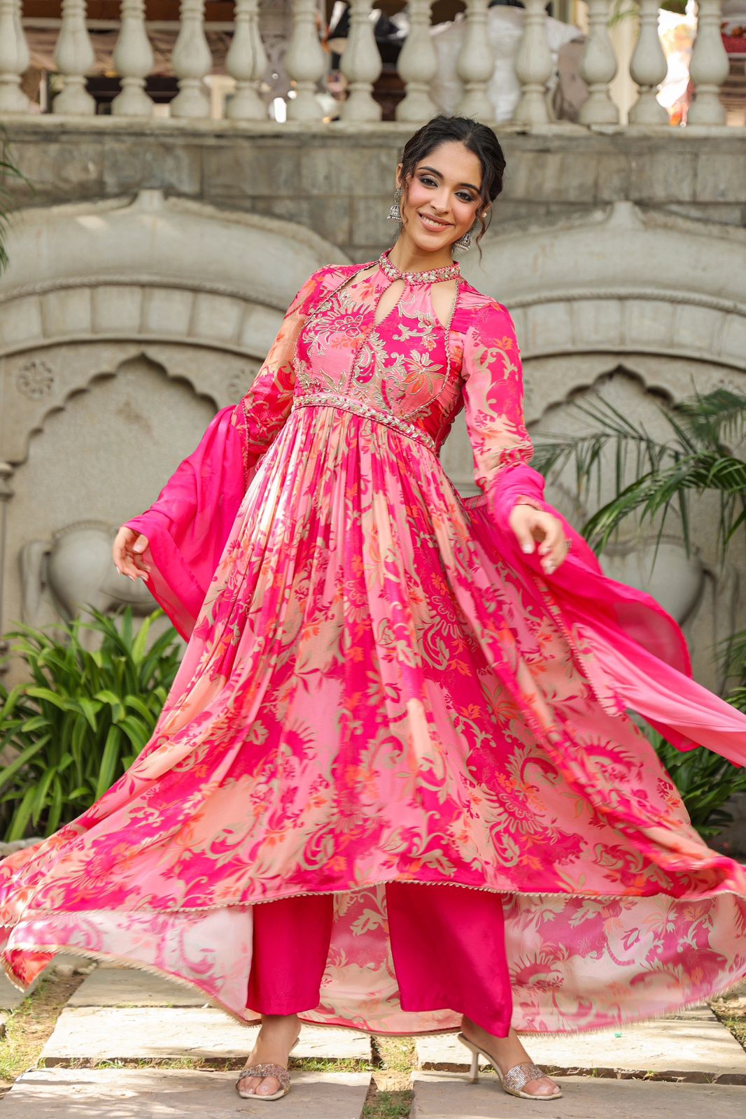 Hot Pink designer Zari work Kurta set with high neck pattern