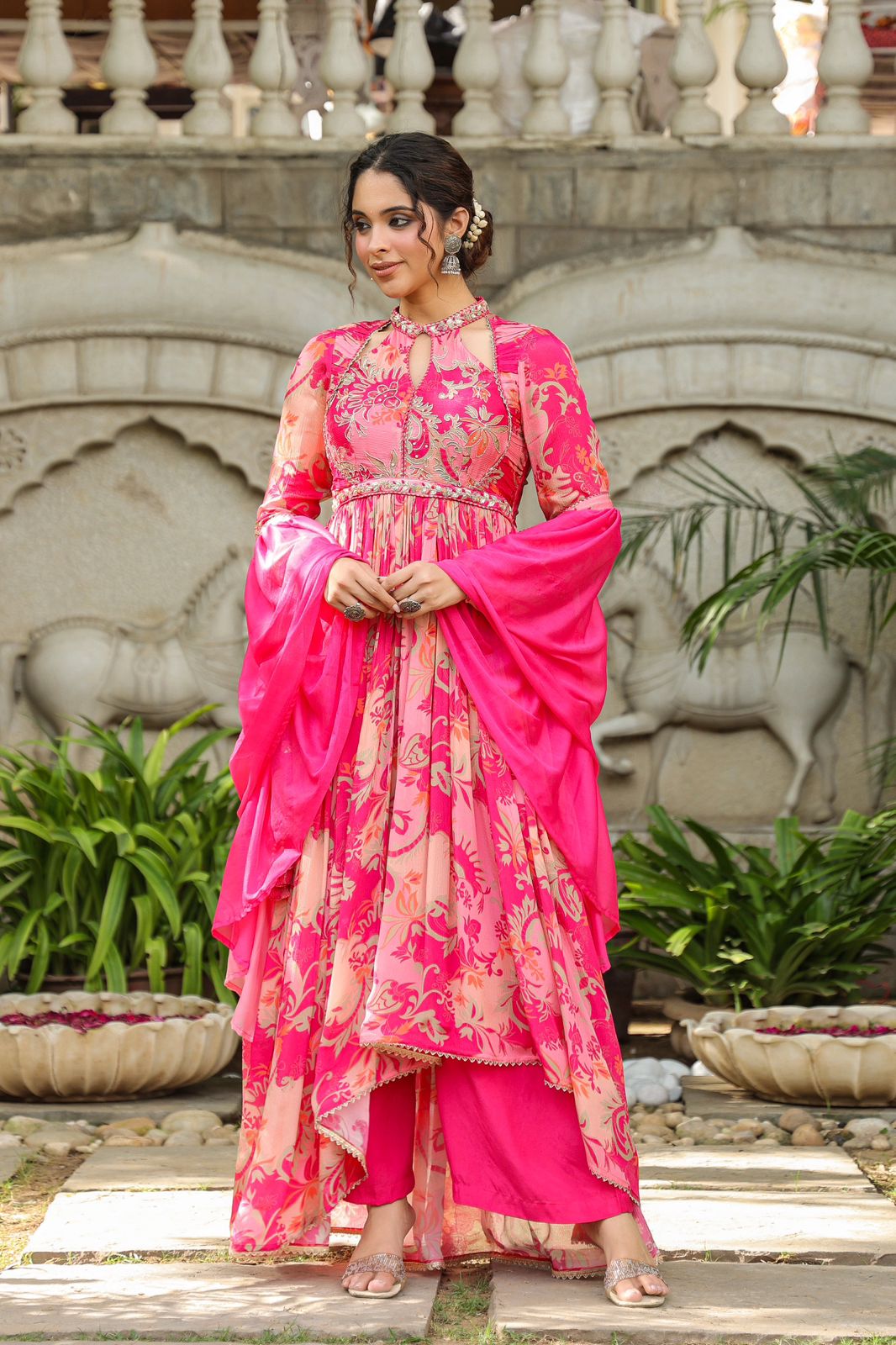 Hot Pink designer Zari work Kurta set with high neck pattern