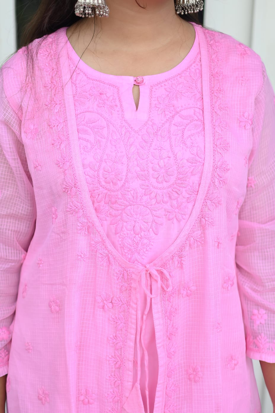 Elegant Pink Lucknowi premium quality Chanderi jacket kurta set