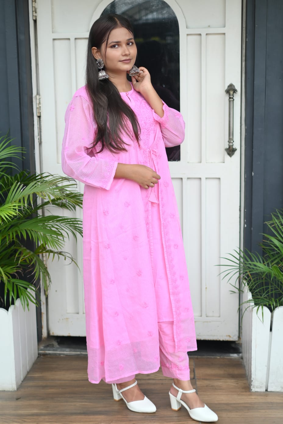 Elegant Pink Lucknowi premium quality Chanderi jacket kurta set