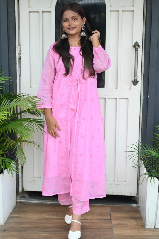 Elegant Pink Lucknowi premium quality Chanderi jacket kurta set