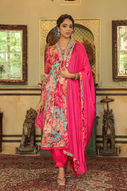 Floral Muticolor high neck kurta set with afghani pants