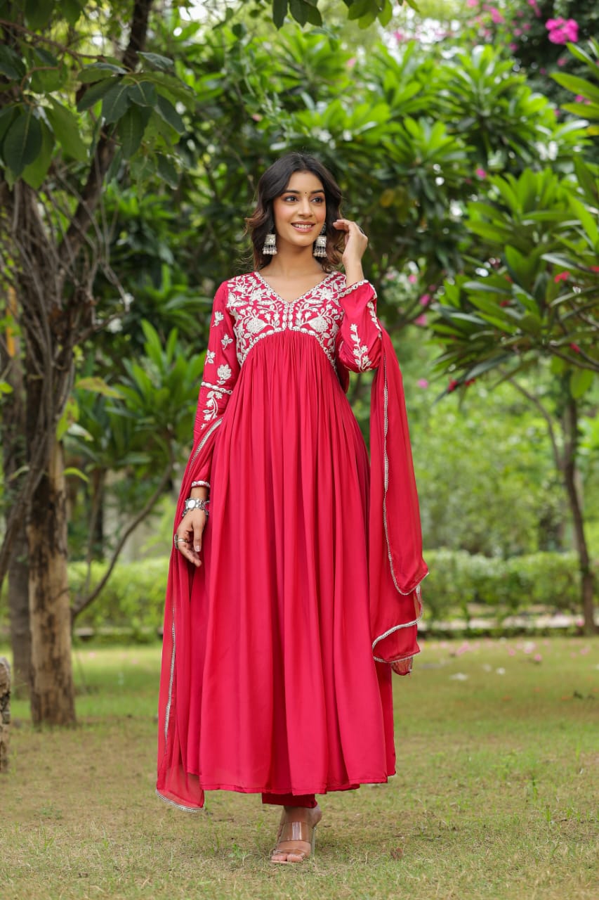 Red Heavy Embroidered Alia cut kurta set