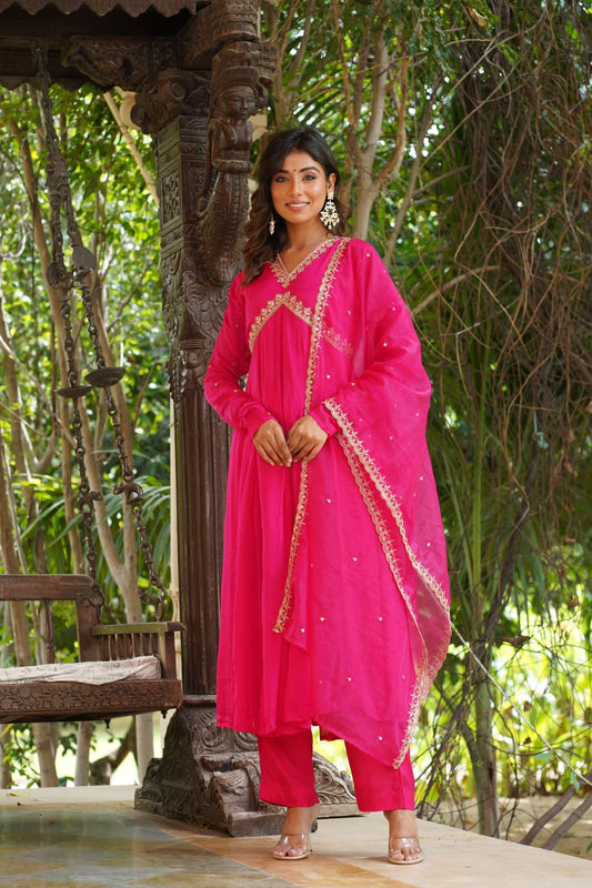 Hot Pink Alia cut kurta set with handwork yoke