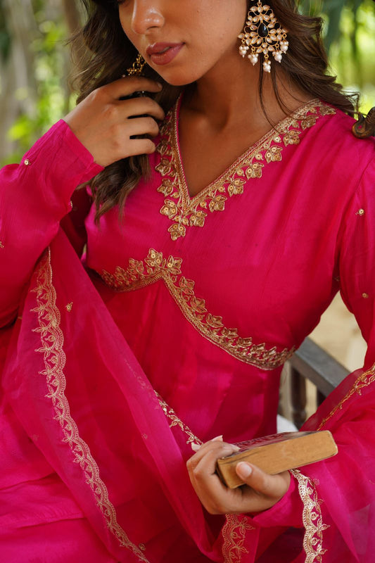 Hot Pink Alia cut kurta set with handwork yoke