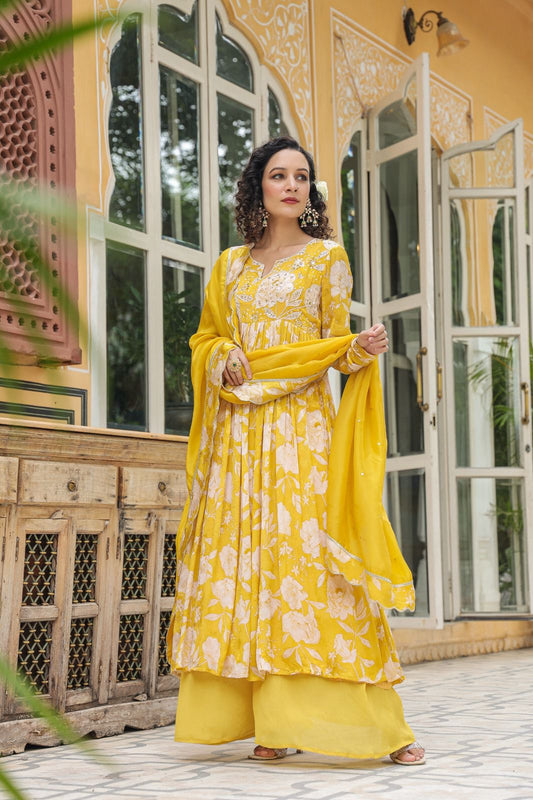 Yellow floral long heavy neck work Empire kurta set