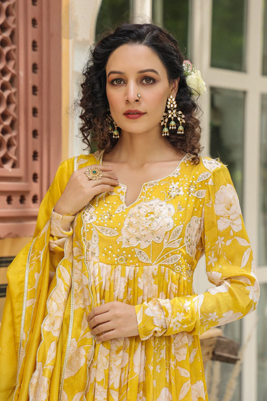 Yellow floral long heavy neck work Empire kurta set