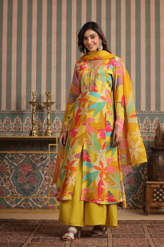 Yellow Floral V neck long kurta set