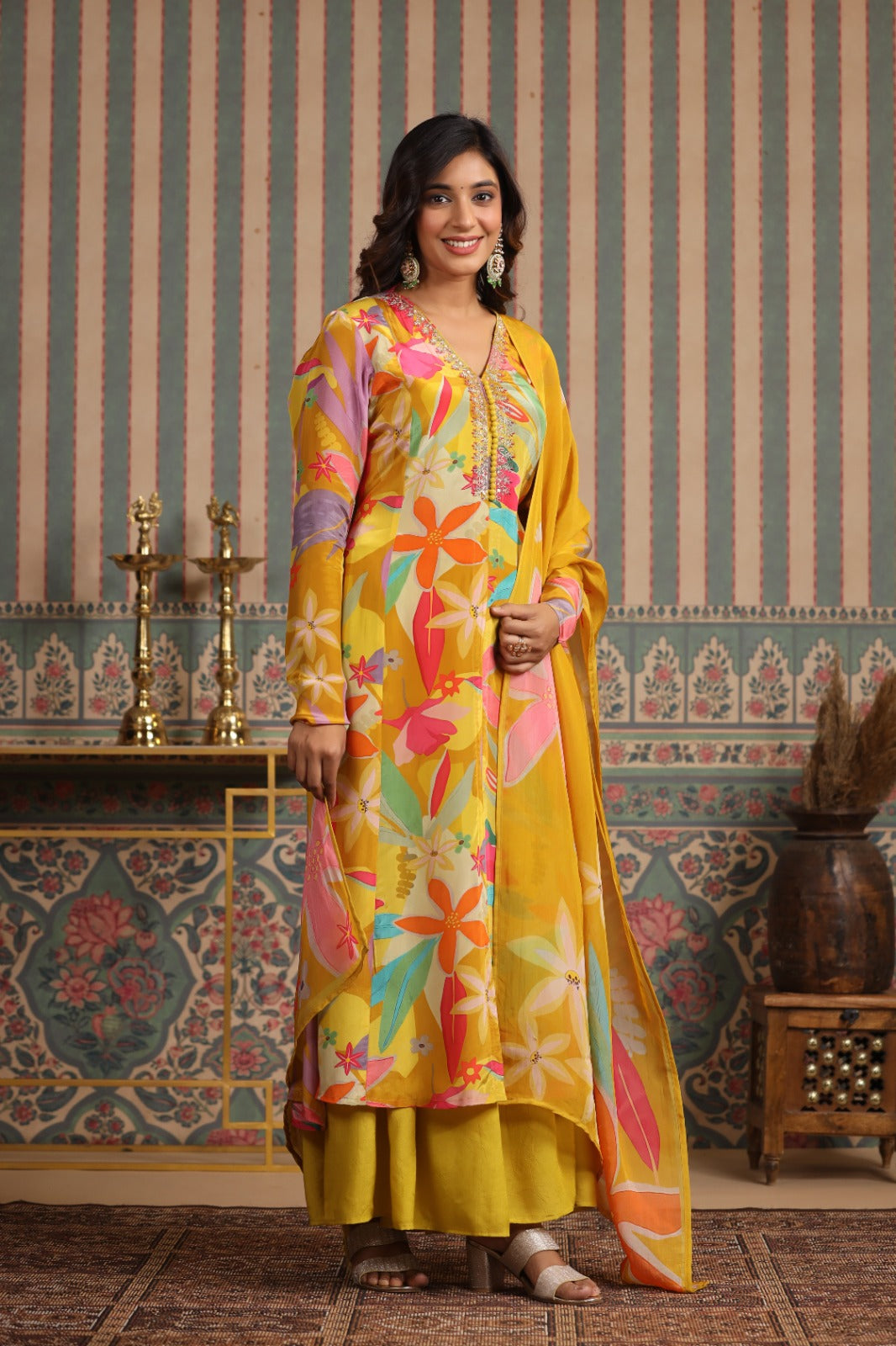 Yellow Floral V neck long kurta set