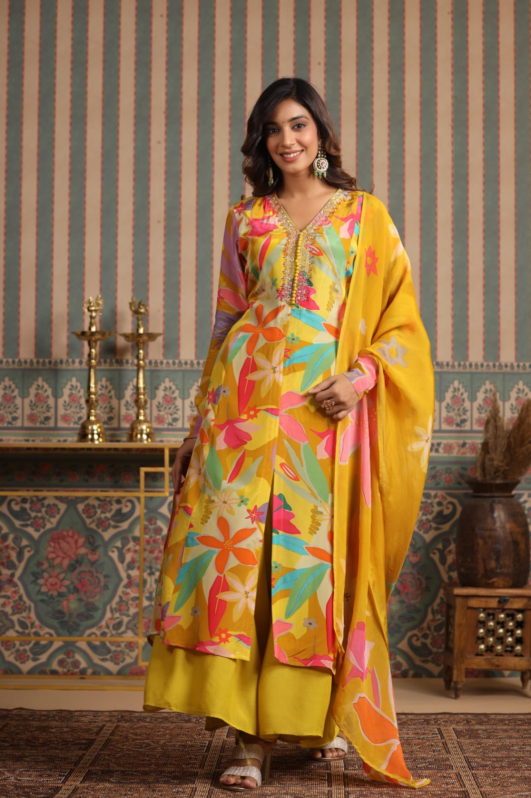 Yellow Floral V neck long kurta set