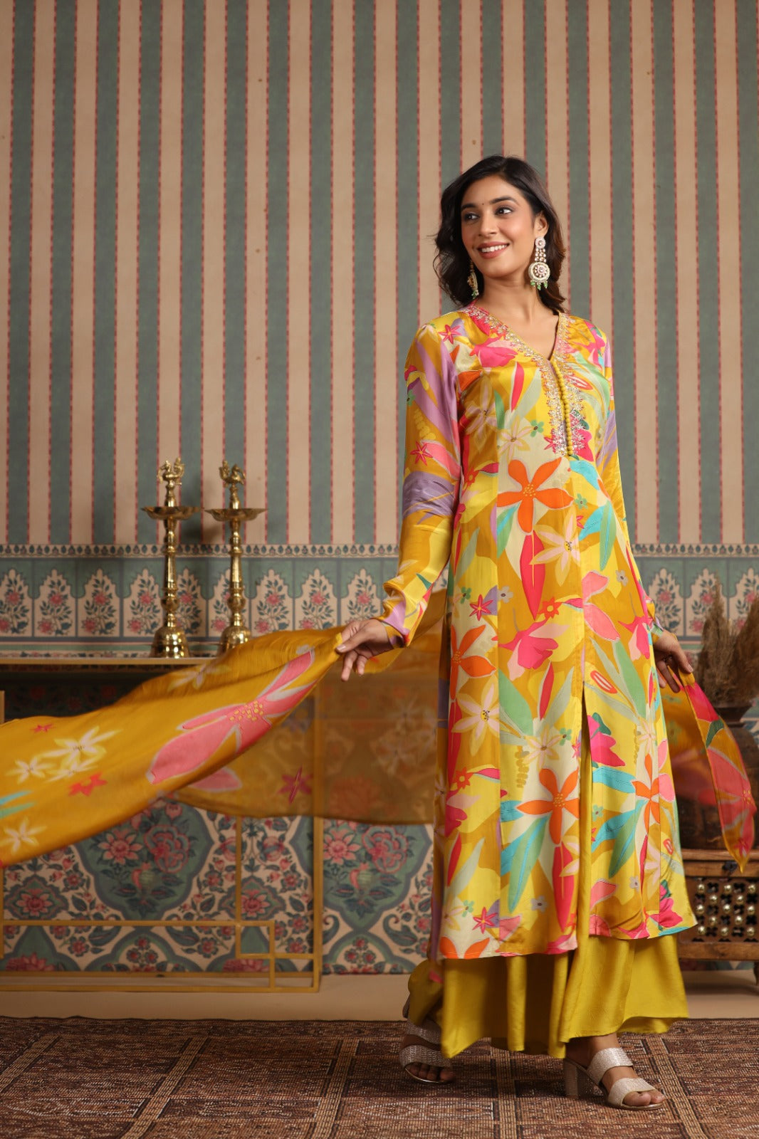 Yellow Floral V neck long kurta set