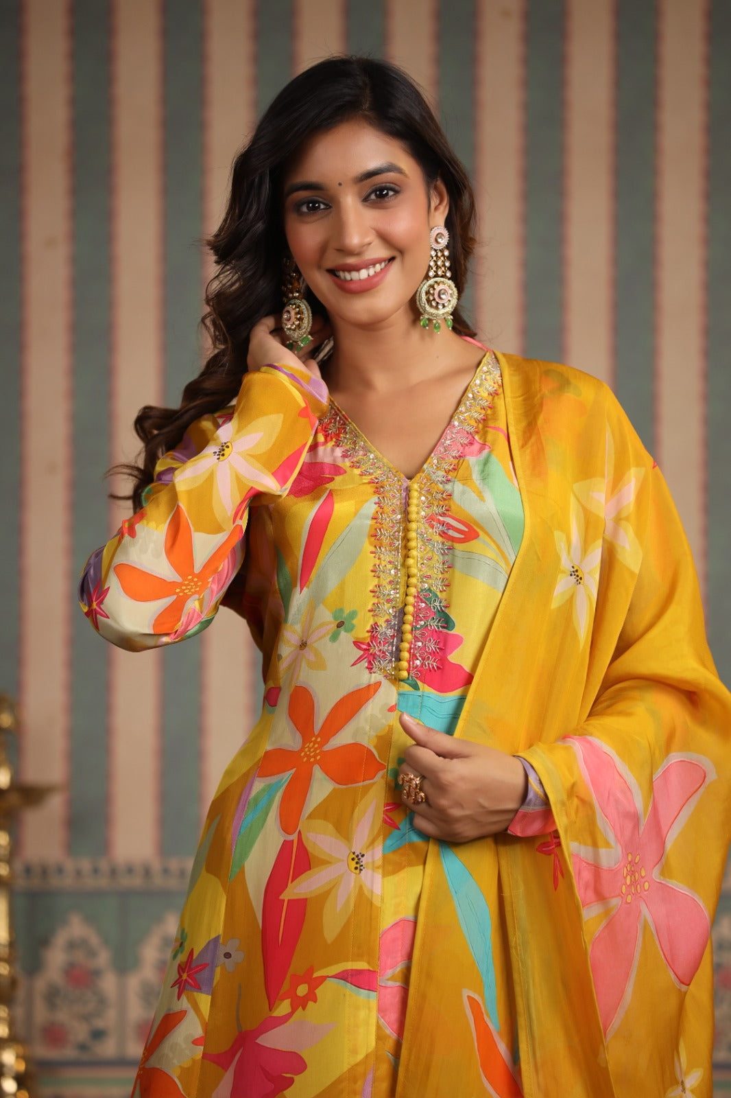 Yellow Floral V neck long kurta set