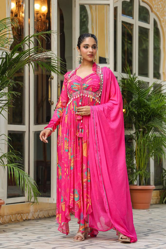 Hot Pink Chinnon High neck Alia cut long Kurta set