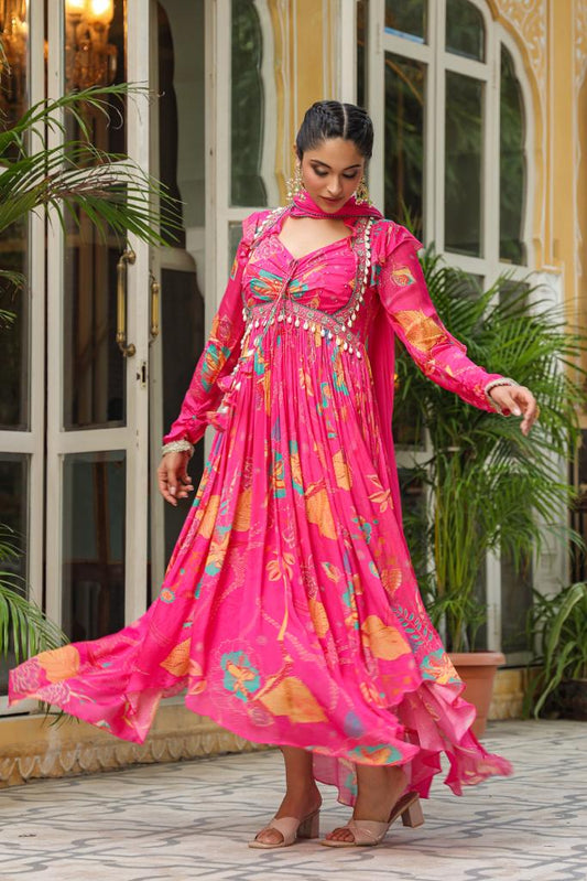 Hot Pink Chinnon High neck Alia cut long Kurta set