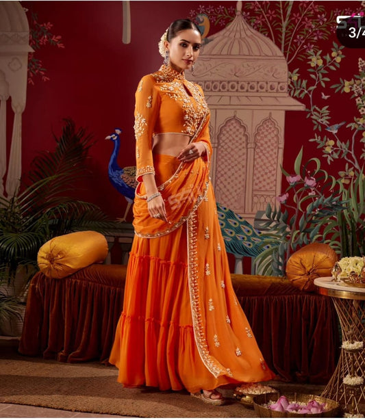 Orange Heavy handwork partywear predraped saree