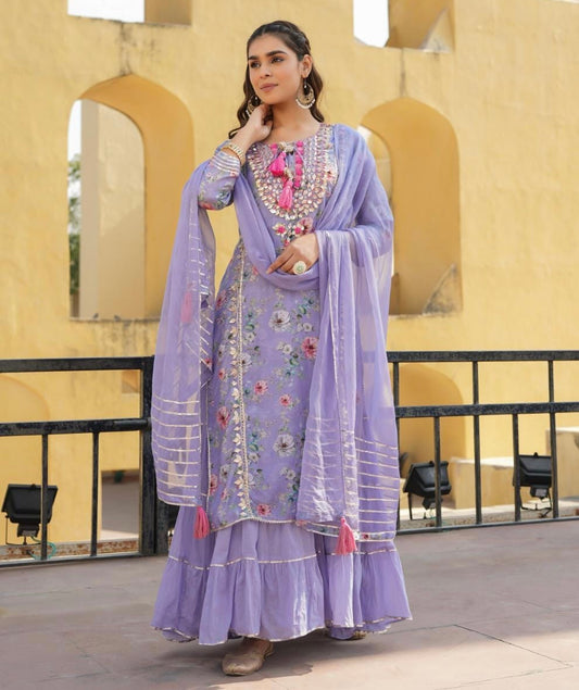 Lavender Heavy Gota work Sharara set with attached skirt