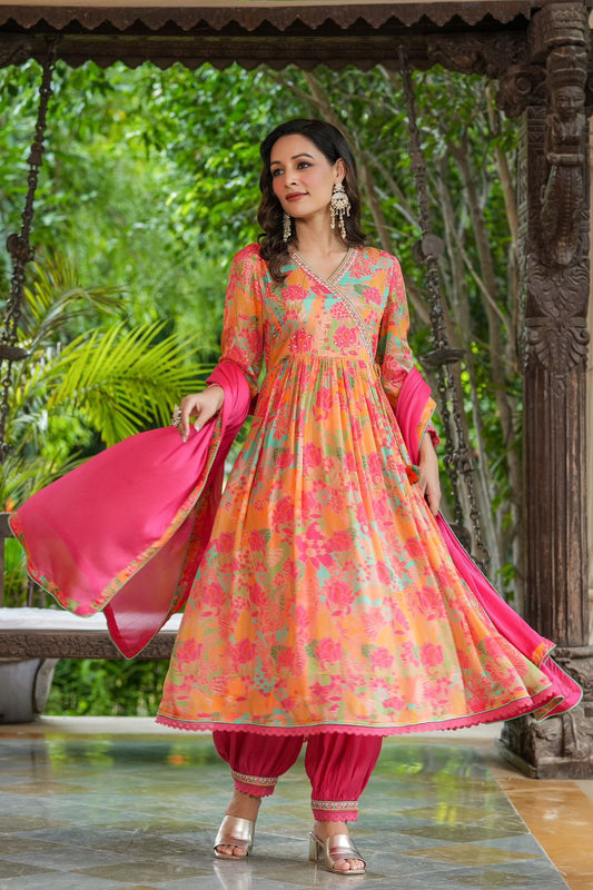 Pink and Orange beautiful Floral Angrakha kurta set