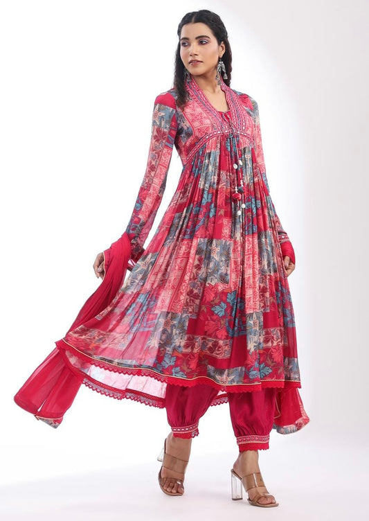 Hot Pink deep V neck Alia cut kurta set with afghani pant