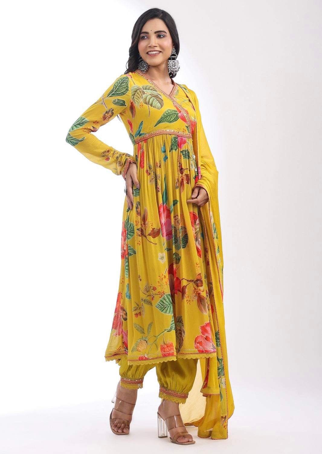 Yellow elegant floral Angrakha Kurta set