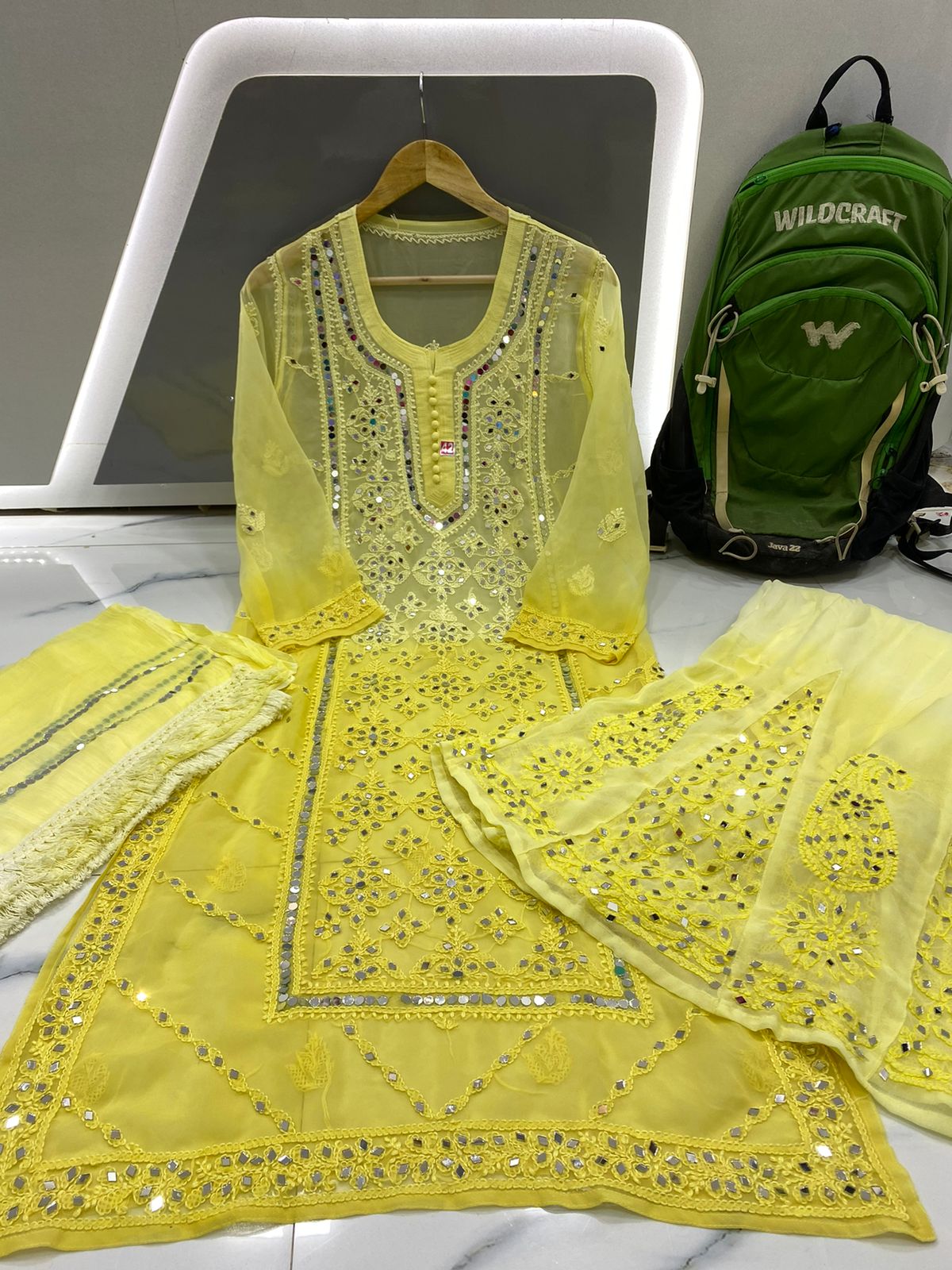 Yellow Lucknowi Mirror kurta set