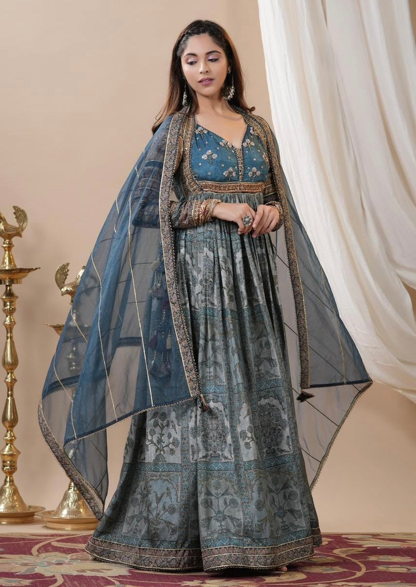 Blue Heavy floor length handwork Alia cut Kurta set