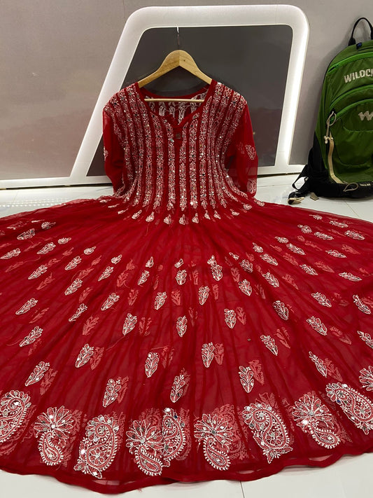 Red Mirror work 56 kali Anarkali Kurta with lining