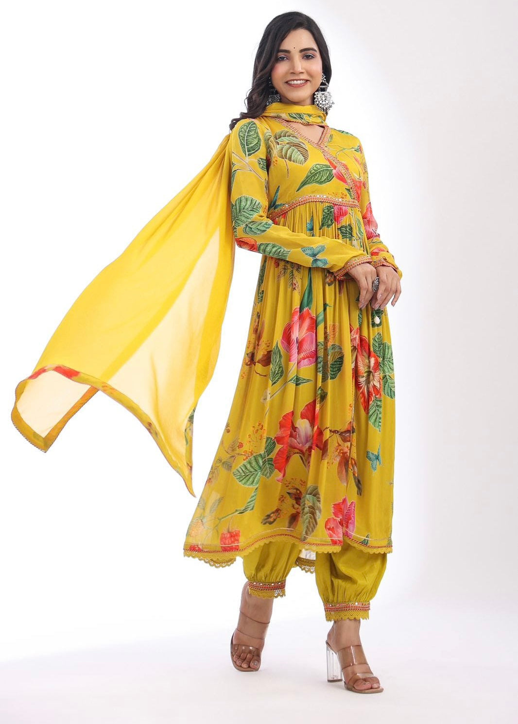 Yellow elegant floral Angrakha Kurta set