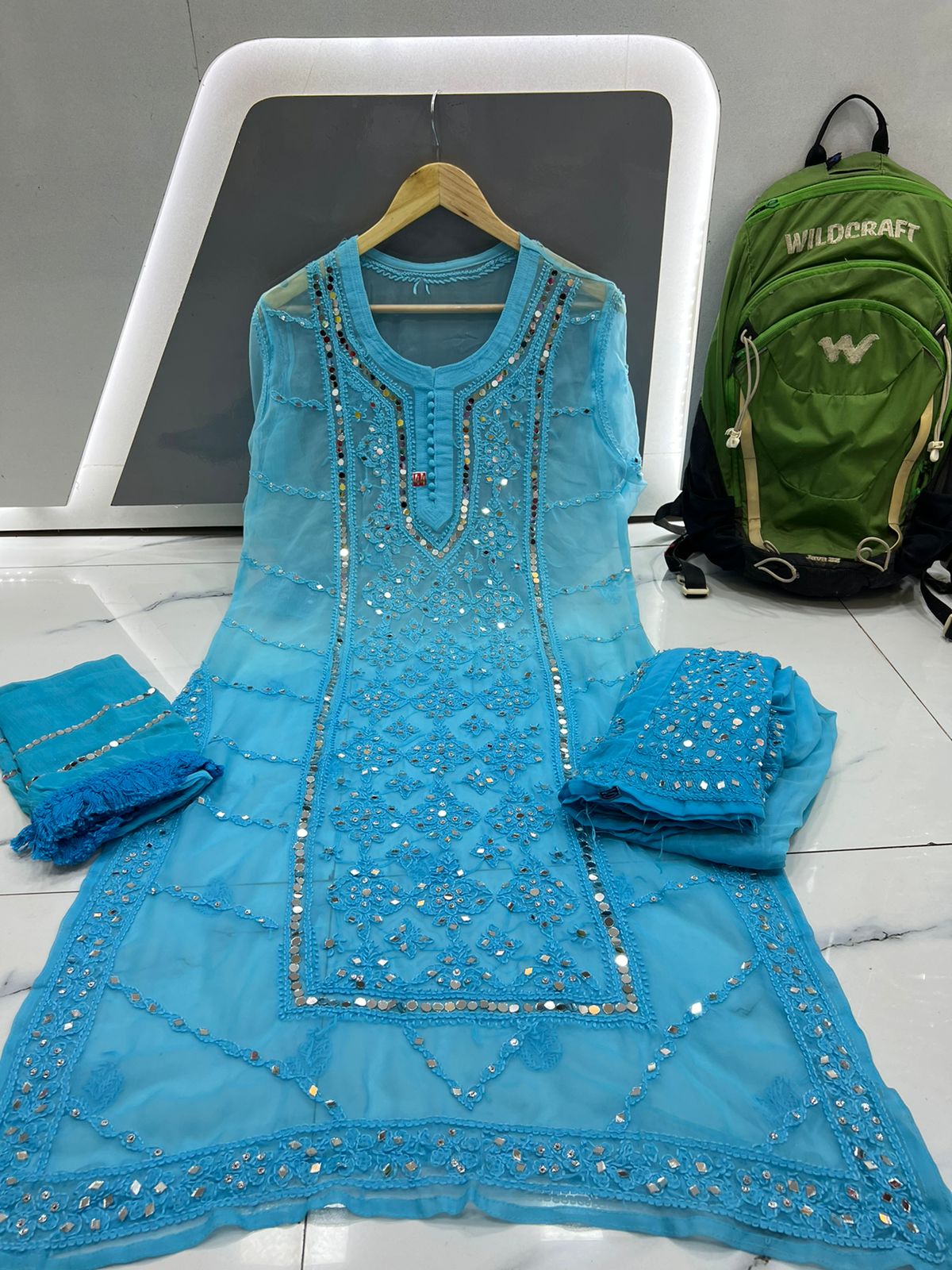 Sky Blue Lucknowi Ombre Mirror Kurta set