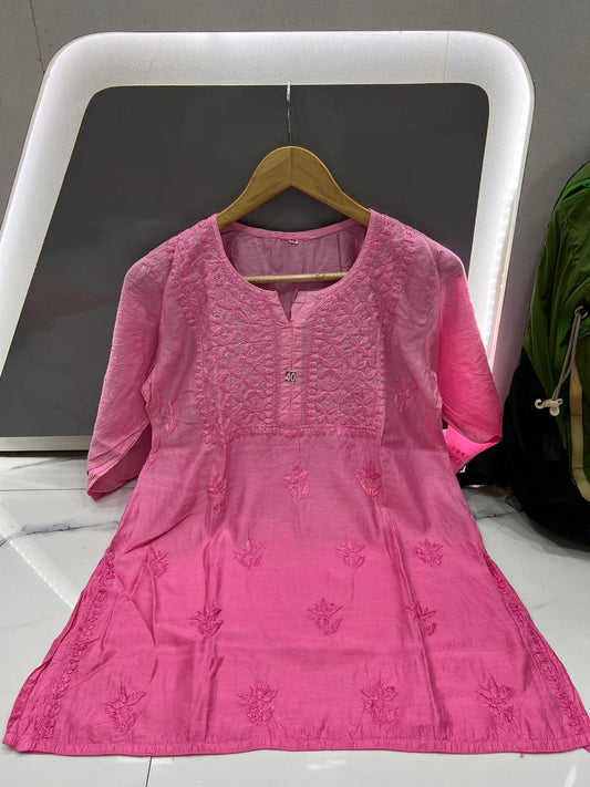 Pink Chanderi Chikankari Short Kurti